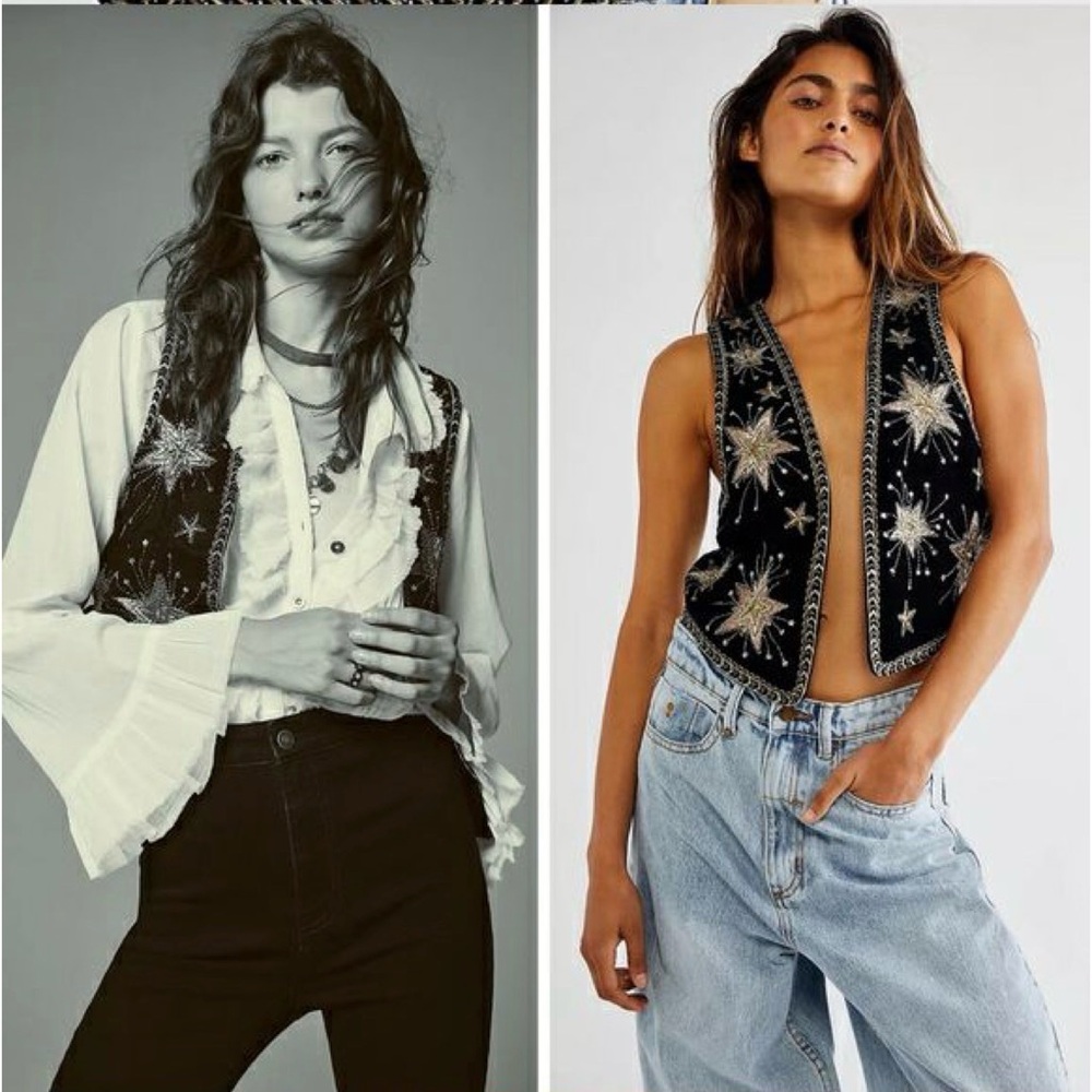 Free People Women Stargazer Celestial Velvet Black Embroidered Beaded Vest